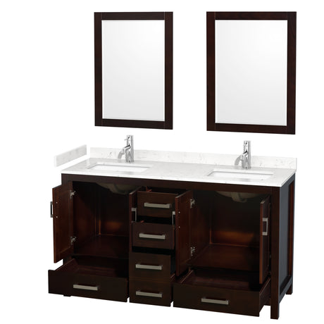Sheffield 60 Inch Double Bathroom Vanity in Espresso Carrara Cultured Marble Countertop Undermount Square Sinks 24 Inch Mirrors