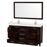 Sheffield 60 Inch Double Bathroom Vanity in Espresso Carrara Cultured Marble Countertop Undermount Square Sinks 58 Inch Mirror