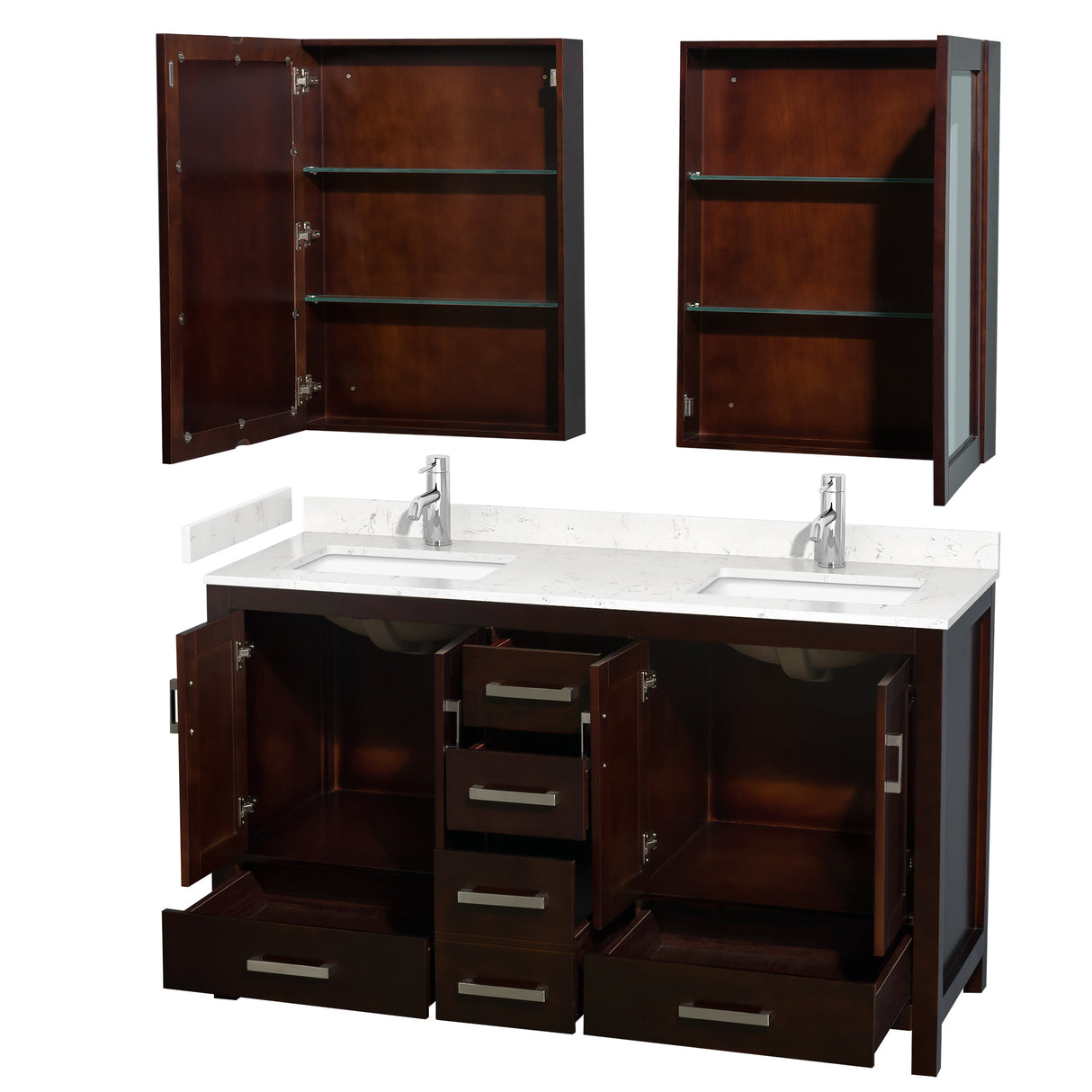 Sheffield 60 Inch Double Bathroom Vanity in Espresso Carrara Cultured Marble Countertop Undermount Square Sinks Medicine Cabinets