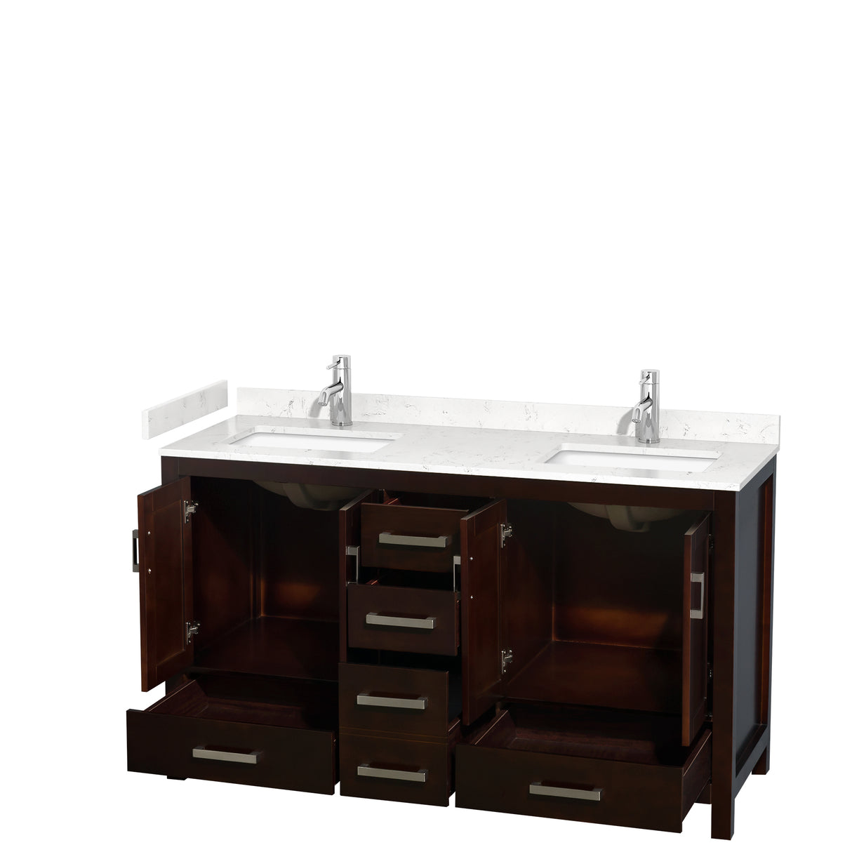 Sheffield 60 Inch Double Bathroom Vanity in Espresso Carrara Cultured Marble Countertop Undermount Square Sinks No Mirror