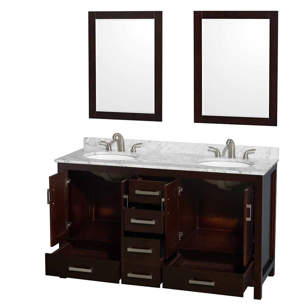 Sheffield 60 Inch Double Bathroom Vanity in Espresso White Carrara Marble Countertop Undermount Oval Sinks and 24 Inch Mirrors