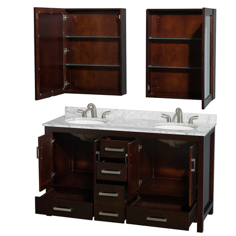 Sheffield 60 Inch Double Bathroom Vanity in Espresso White Carrara Marble Countertop Undermount Oval Sinks and Medicine Cabinets