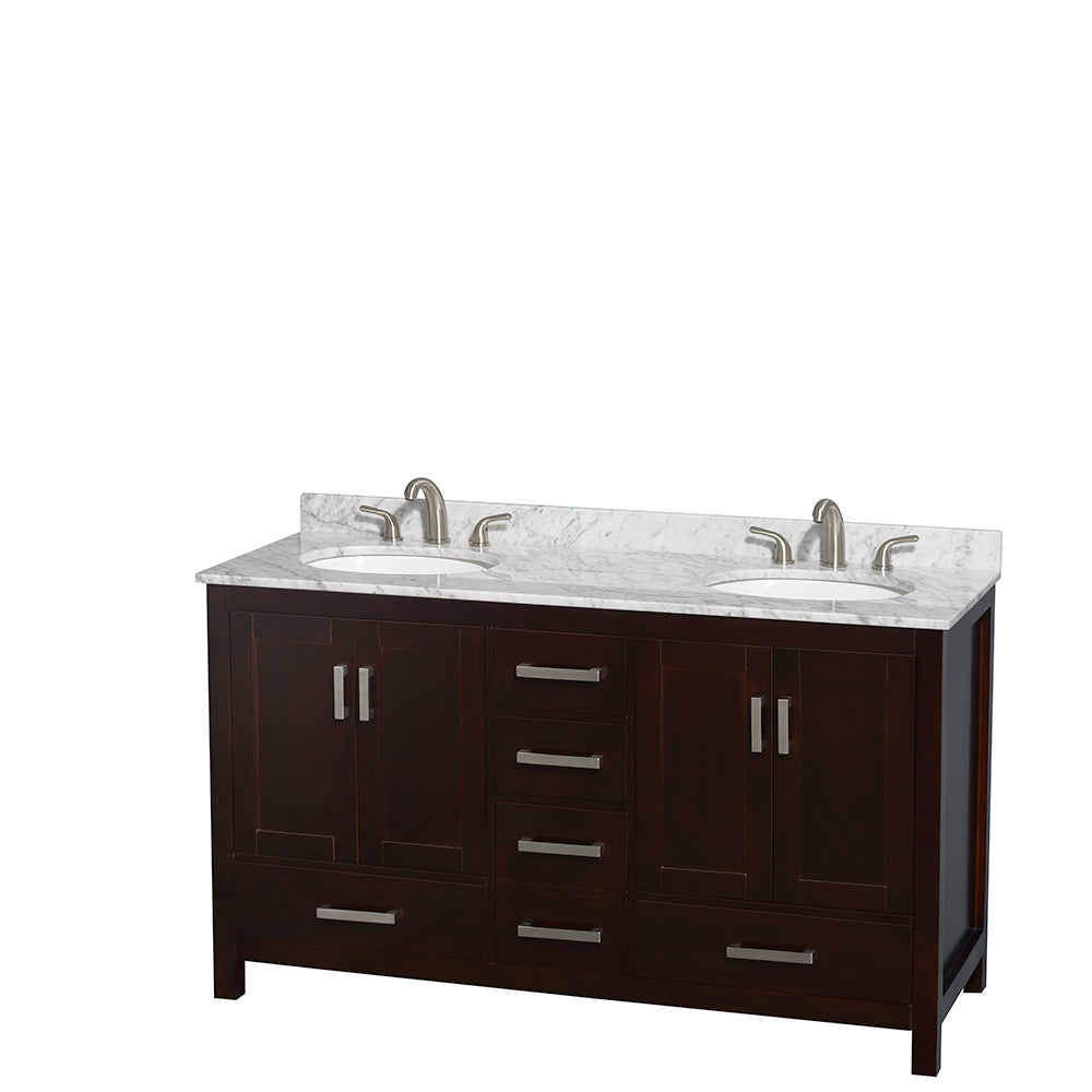 Sheffield 60 Inch Double Bathroom Vanity in Espresso White Carrara Marble Countertop Undermount Oval Sinks and 24 Inch Mirrors
