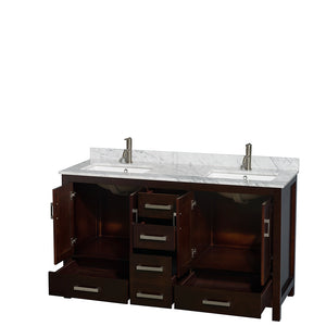 Sheffield 60 Inch Double Bathroom Vanity in Espresso White Carrara Marble Countertop Undermount Square Sinks and No Mirror