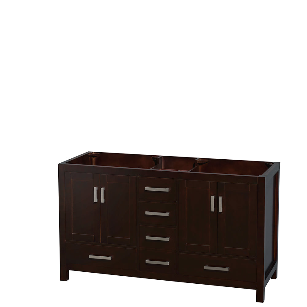 Sheffield 60 Inch Double Bathroom Vanity in Espresso White Carrara Marble Countertop Undermount Square Sinks and 58 Inch Mirror