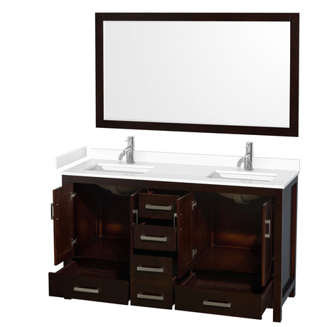 Sheffield 60 Inch Double Bathroom Vanity in Espresso White Cultured Marble Countertop Undermount Square Sinks 58 Inch Mirror