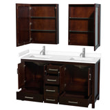 Sheffield 60 Inch Double Bathroom Vanity in Espresso White Cultured Marble Countertop Undermount Square Sinks Medicine Cabinets