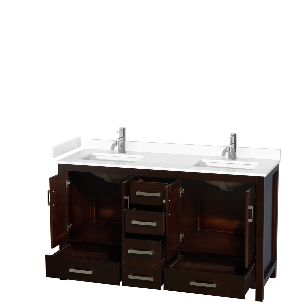 Sheffield 60 Inch Double Bathroom Vanity in Espresso White Cultured Marble Countertop Undermount Square Sinks No Mirror