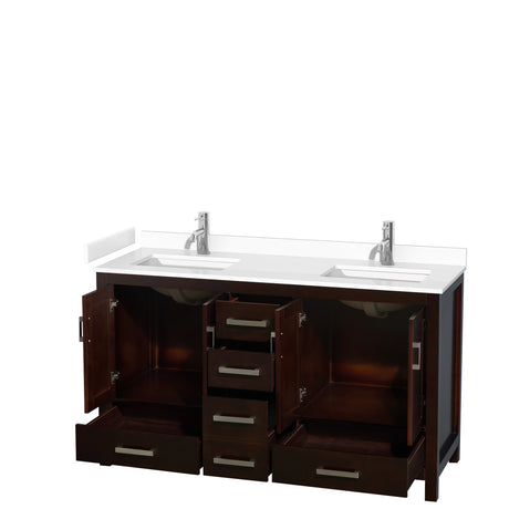 Sheffield 60 Inch Double Bathroom Vanity in Espresso White Cultured Marble Countertop Undermount Square Sinks No Mirror