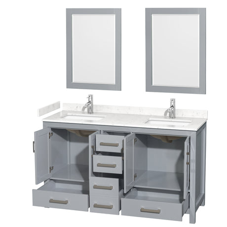Sheffield 60 Inch Double Bathroom Vanity in Gray Carrara Cultured Marble Countertop Undermount Square Sinks 24 Inch Mirrors
