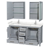 Sheffield 60 Inch Double Bathroom Vanity in Gray Carrara Cultured Marble Countertop Undermount Square Sinks Medicine Cabinets