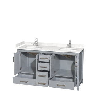 Sheffield 60 Inch Double Bathroom Vanity in Gray Carrara Cultured Marble Countertop Undermount Square Sinks No Mirror