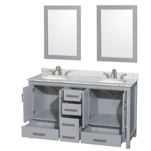 Sheffield 60 Inch Double Bathroom Vanity in Gray White Carrara Marble Countertop Undermount Oval Sinks and 24 Inch Mirrors