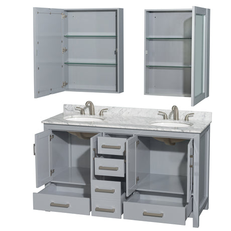 Sheffield 60 Inch Double Bathroom Vanity in Gray White Carrara Marble Countertop Undermount Oval Sinks and Medicine Cabinets
