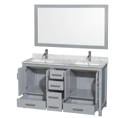 Sheffield 60 Inch Double Bathroom Vanity in Gray White Carrara Marble Countertop Undermount Square Sinks and 58 Inch Mirror