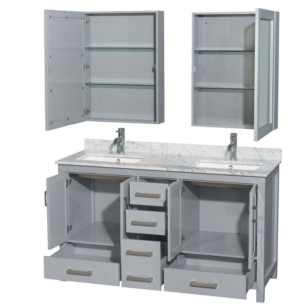 Sheffield 60 Inch Double Bathroom Vanity in Gray White Carrara Marble Countertop Undermount Square Sinks and Medicine Cabinets