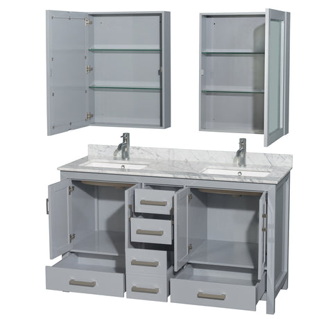 Sheffield 60 Inch Double Bathroom Vanity in Gray White Carrara Marble Countertop Undermount Square Sinks and Medicine Cabinets