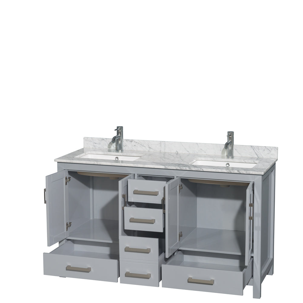 Sheffield 60 Inch Double Bathroom Vanity in Gray White Carrara Marble Countertop Undermount Square Sinks and No Mirror