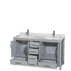 Sheffield 60 Inch Double Bathroom Vanity in Gray White Carrara Marble Countertop Undermount Square Sinks and No Mirror
