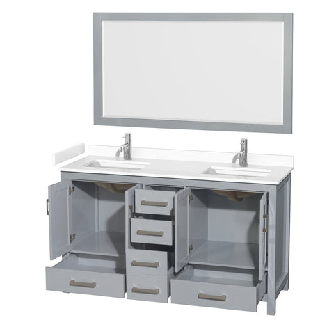 Sheffield 60 Inch Double Bathroom Vanity in Gray White Cultured Marble Countertop Undermount Square Sinks 58 Inch Mirror
