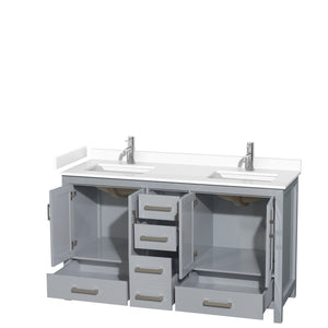 Sheffield 60 Inch Double Bathroom Vanity in Gray White Cultured Marble Countertop Undermount Square Sinks No Mirror