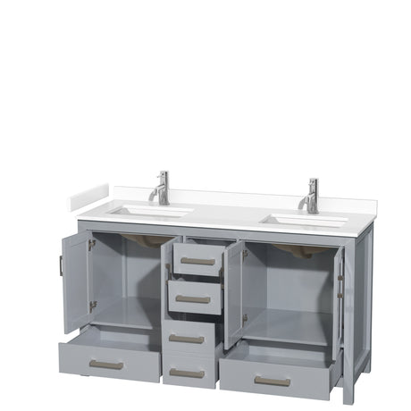 Sheffield 60 Inch Double Bathroom Vanity in Gray White Cultured Marble Countertop Undermount Square Sinks No Mirror