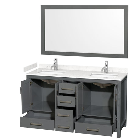 Sheffield 60 Inch Double Bathroom Vanity in Dark Gray Carrara Cultured Marble Countertop Undermount Square Sinks 58 Inch Mirror