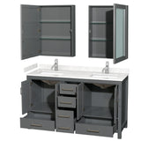 Sheffield 60 Inch Double Bathroom Vanity in Dark Gray Carrara Cultured Marble Countertop Undermount Square Sinks Medicine Cabinets