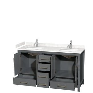 Sheffield 60 Inch Double Bathroom Vanity in Dark Gray Carrara Cultured Marble Countertop Undermount Square Sinks No Mirror