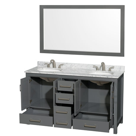 Sheffield 60 Inch Double Bathroom Vanity in Dark Gray White Carrara Marble Countertop Undermount Oval Sinks and 58 Inch Mirror