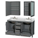 Sheffield 60 Inch Double Bathroom Vanity in Dark Gray White Carrara Marble Countertop Undermount Oval Sinks and Medicine Cabinets