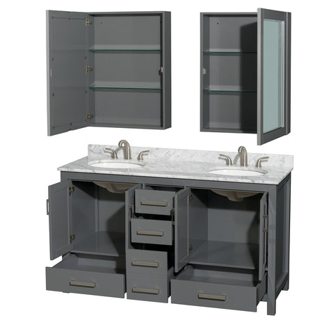 Sheffield 60 Inch Double Bathroom Vanity in Dark Gray White Carrara Marble Countertop Undermount Oval Sinks and Medicine Cabinets