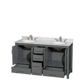 Sheffield 60 Inch Double Bathroom Vanity in Dark Gray White Carrara Marble Countertop Undermount Oval Sinks and No Mirror