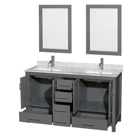 Sheffield 60 Inch Double Bathroom Vanity in Dark Gray White Carrara Marble Countertop Undermount Square Sinks and 24 Inch Mirrors