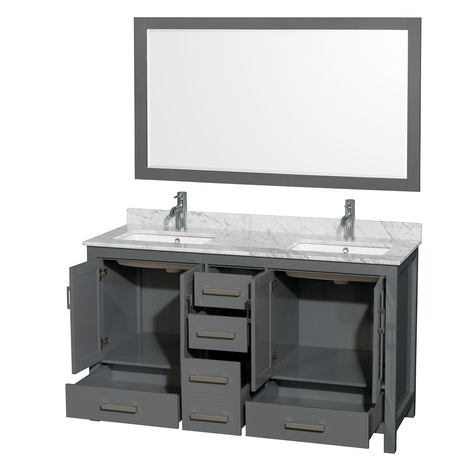 Sheffield 60 Inch Double Bathroom Vanity in Dark Gray White Carrara Marble Countertop Undermount Square Sinks and 58 Inch Mirror