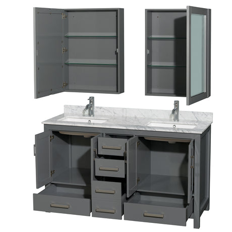 Sheffield 60 Inch Double Bathroom Vanity in Dark Gray White Carrara Marble Countertop Undermount Square Sinks and Medicine Cabinets