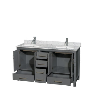 Sheffield 60 Inch Double Bathroom Vanity in Dark Gray White Carrara Marble Countertop Undermount Square Sinks and No Mirror