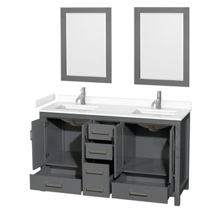 Sheffield 60 Inch Double Bathroom Vanity in Dark Gray White Cultured Marble Countertop Undermount Square Sinks 24 Inch Mirrors