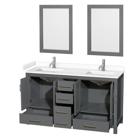 Sheffield 60 Inch Double Bathroom Vanity in Dark Gray White Cultured Marble Countertop Undermount Square Sinks 24 Inch Mirrors
