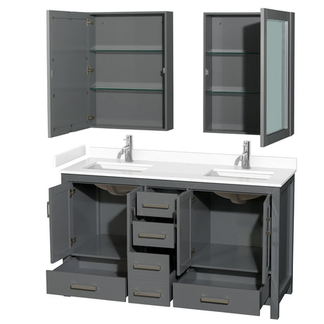 Sheffield 60 Inch Double Bathroom Vanity in Dark Gray White Cultured Marble Countertop Undermount Square Sinks Medicine Cabinets