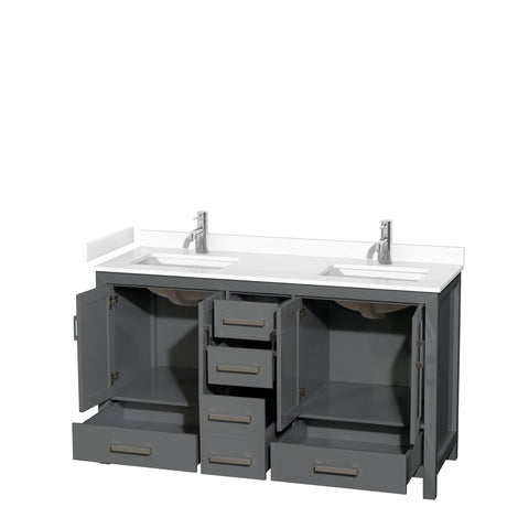 Sheffield 60 Inch Double Bathroom Vanity in Dark Gray White Cultured Marble Countertop Undermount Square Sinks No Mirror