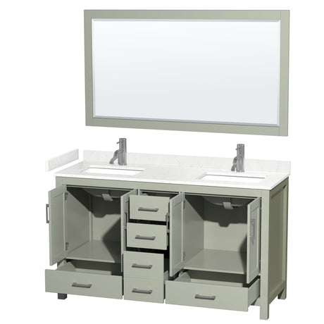 Sheffield 60 inch Double Bathroom Vanity in Light Green Carrara Cultured Marble Countertop Undermount Square Sinks Brushed Nickel Trim 58 inch Mirror