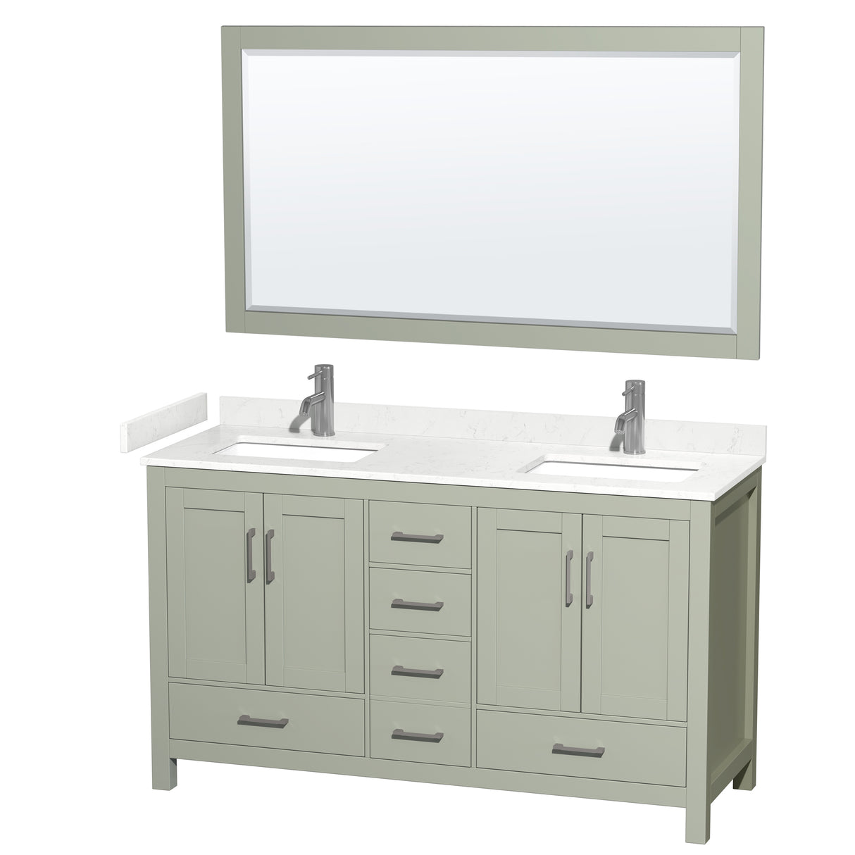 Sheffield 60 inch Double Bathroom Vanity in Light Green Carrara Cultured Marble Countertop Undermount Square Sinks Brushed Nickel Trim 58 inch Mirror