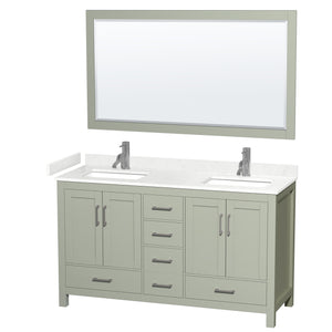Sheffield 60 inch Double Bathroom Vanity in Light Green Carrara Cultured Marble Countertop Undermount Square Sinks Brushed Nickel Trim 58 inch Mirror