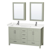 Sheffield 60 inch Double Bathroom Vanity in Light Green Carrara Cultured Marble Countertop Undermount Square Sinks Brushed Nickel Trim Medicine Cabinets