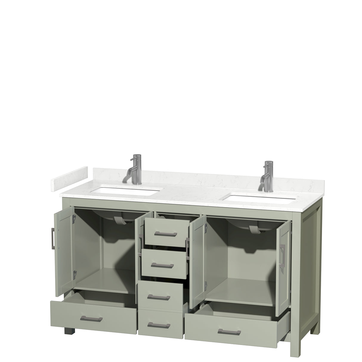 Sheffield 60 inch Double Bathroom Vanity in Light Green Carrara Cultured Marble Countertop Undermount Square Sinks Brushed Nickel Trim