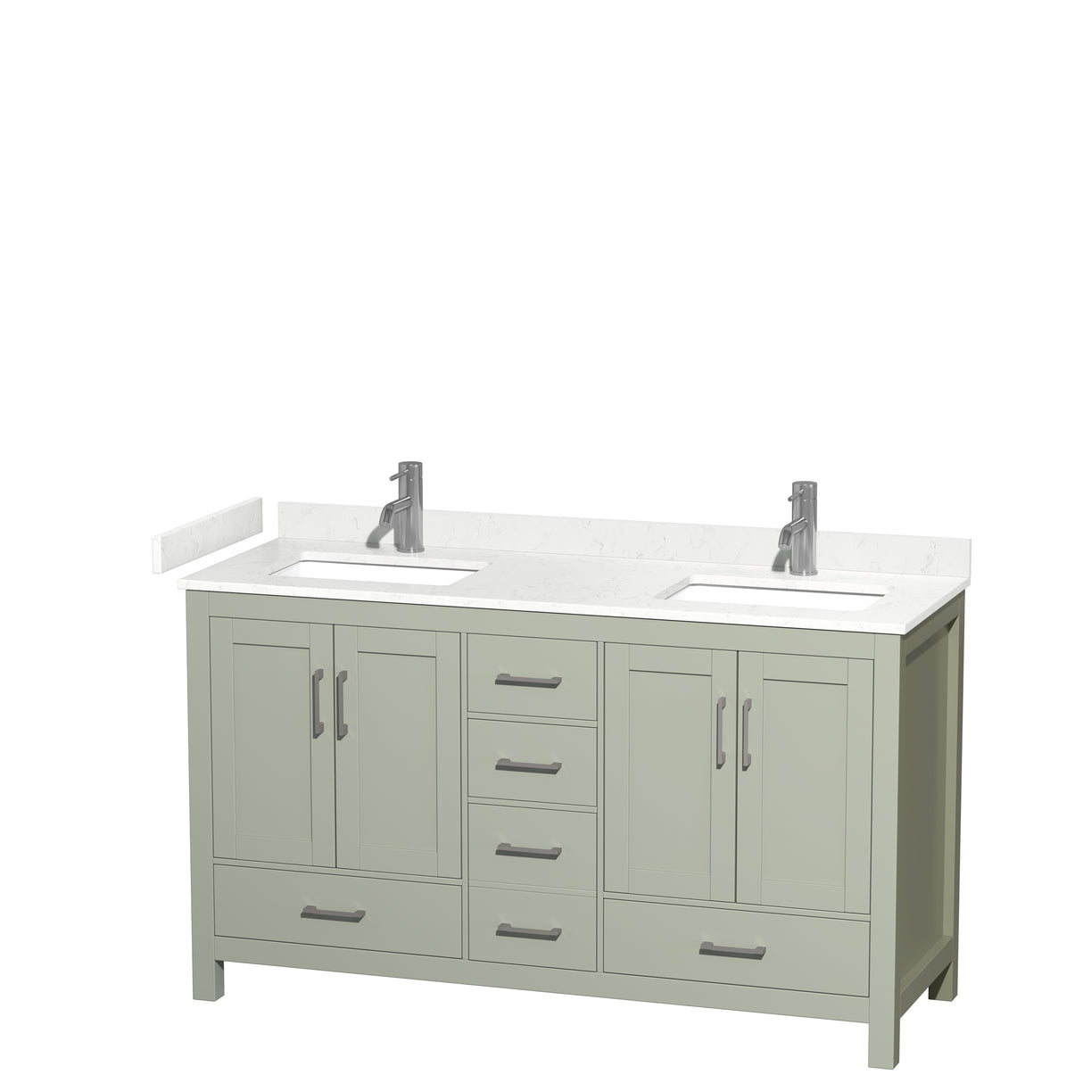 Sheffield 60 inch Double Bathroom Vanity in Light Green Carrara Cultured Marble Countertop Undermount Square Sinks Brushed Nickel Trim