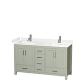 Sheffield 60 inch Double Bathroom Vanity in Light Green Carrara Cultured Marble Countertop Undermount Square Sinks Brushed Nickel Trim