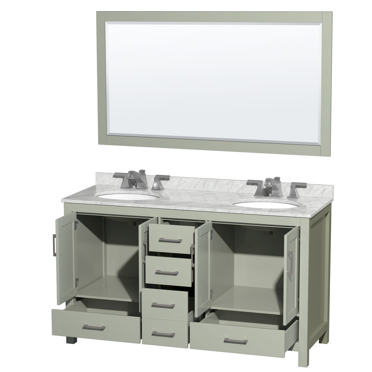 Sheffield 60 inch Double Bathroom Vanity in Light Green White Carrara Marble Countertop Undermount Oval Sinks Brushed Nickel Trim 58 inch Mirror