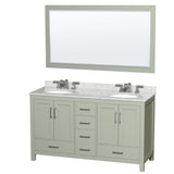 Sheffield 60 inch Double Bathroom Vanity in Light Green White Carrara Marble Countertop Undermount Oval Sinks Brushed Nickel Trim 58 inch Mirror